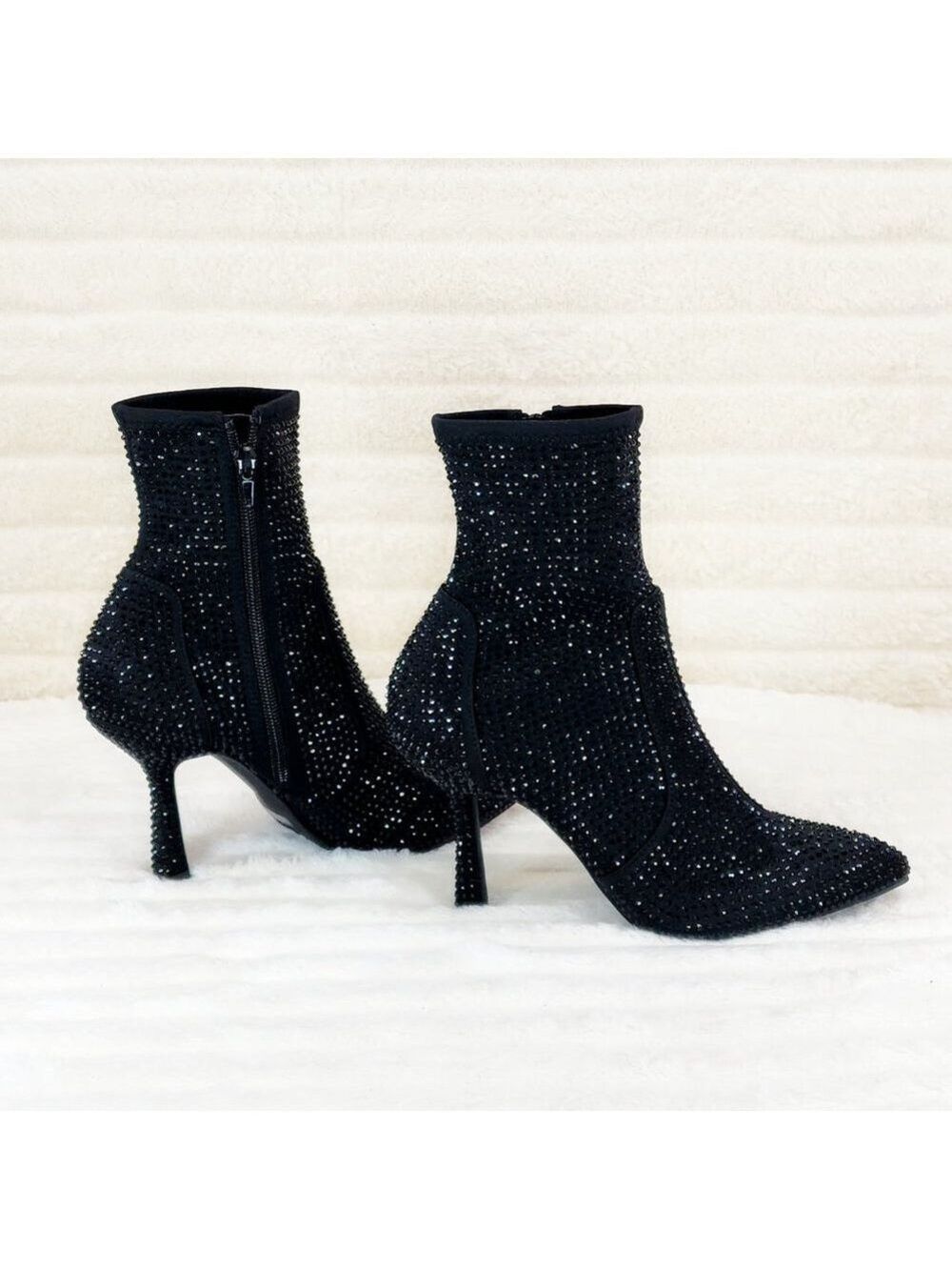 Stunning Black Stretch Rhinestone Ankle Boots 3.5" Kitten Heels